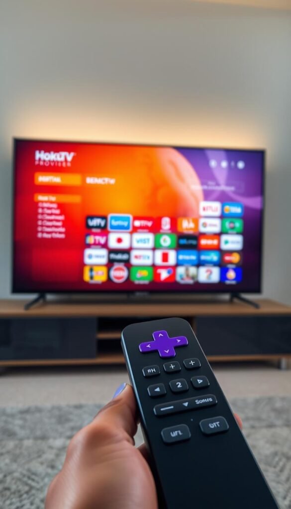 A sleek Roku TV displaying the Hoxtoon Provider IPTV service interface, showcasing its user-friendly design and comprehensive channel selection. The screen is bathed in a warm, inviting glow, with crisp, high-definition visuals that capture the premium quality of the service. In the foreground, a hand-held remote control with intuitive controls sits poised, ready to navigate the vast array of live TV channels, on-demand content, and convenient features that Hoxtoon Provider offers Roku TV users. The background features a minimalist, modern living room setting, emphasizing the seamless integration of the IPTV service into the home entertainment experience.