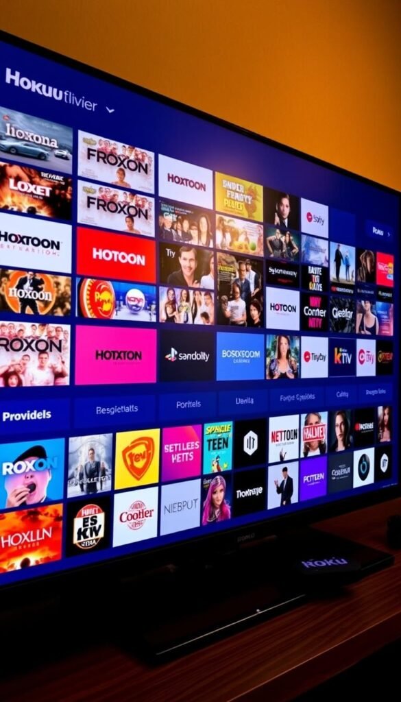 A sleek Roku TV interface displaying a vast array of IPTV channels, each tile showcasing the Hoxtoon Provider brand prominently. The channels are organized into distinct categories, inviting the viewer to explore the comprehensive content library. The screen is illuminated by warm, natural lighting, conveying a sense of sophistication and quality. The overall composition emphasizes the depth and breadth of Hoxtoon's offerings, seamlessly integrated into the modern Roku TV experience.