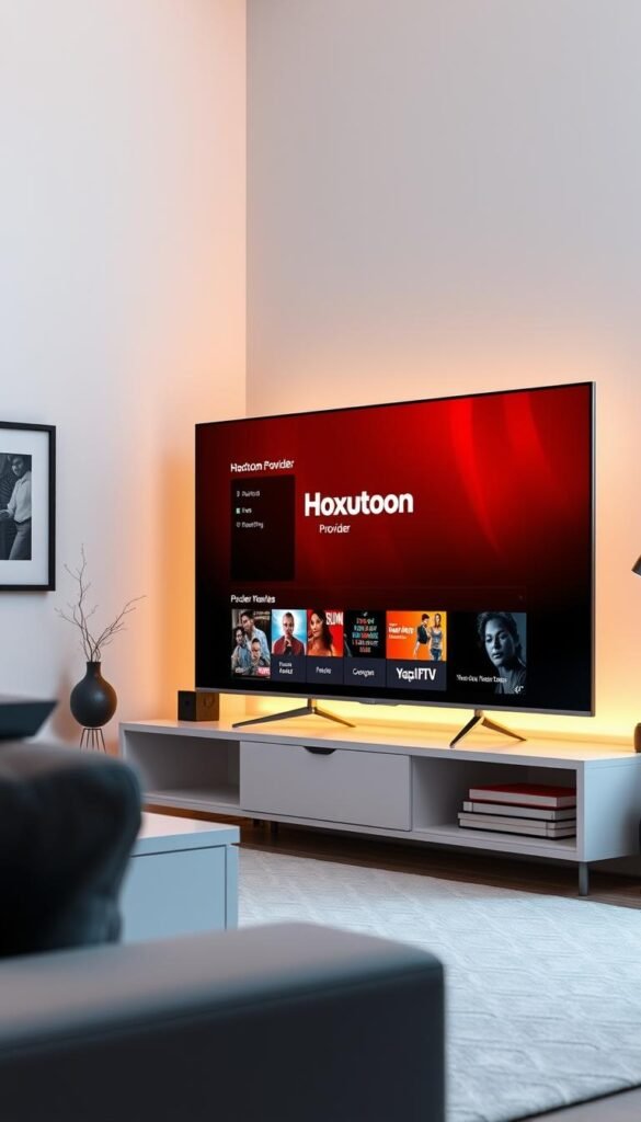 A sleek Roku TV set standing prominently in a modern, well-lit living room. The screen displays the intuitive Roku interface, showcasing the "Hoxtoon Provider" IPTV service prominently featured. The TV is positioned on a minimalist entertainment center, surrounded by tasteful decor and accented by warm, diffused lighting. The overall scene conveys a sense of seamless integration between the Roku platform and the Hoxtoon IPTV service, creating a harmonious and user-friendly viewing experience.