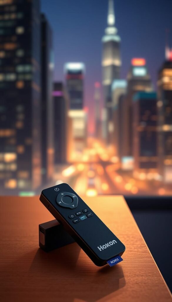 A sleek Roku stick prominently displayed, showcasing the "Hoxtoon Provider" brand logo. The device sits atop a modern, minimalist wooden surface, bathed in warm, directional lighting that accentuates its clean lines and elegant design. In the background, a blurred, atmospheric cityscape with tall skyscrapers and a vibrant, neon-tinged night sky, conveying a sense of urban connectivity and technology. The overall scene exudes a sophisticated, cutting-edge aesthetic, reflecting the versatility and advanced capabilities of the IPTV solution for Roku platforms.
