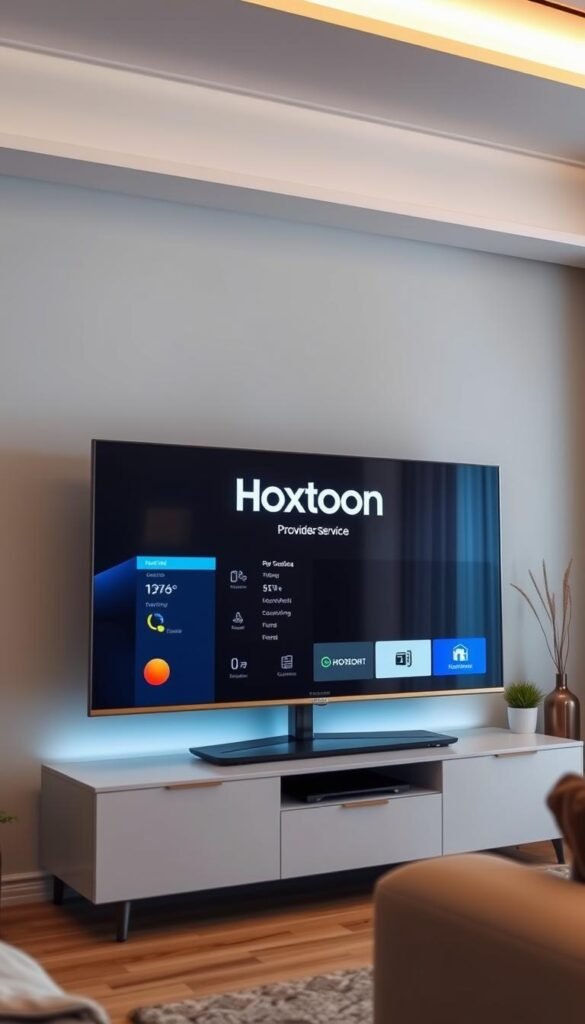 A sleek Samsung Smart TV standing prominently in a modern living room, the screen displaying the Hoxtoon Provider logo and IPTV service interface. Soft ambient lighting illuminates the scene, emphasizing the TV's premium design and crystal-clear display. The TV is placed on a minimalist TV stand, with a few decorative plants and a cozy sofa in the background, creating a welcoming and tech-savvy atmosphere. The composition is balanced, with the Samsung TV taking center stage, showcasing its ideal suitability for an immersive IPTV experience.