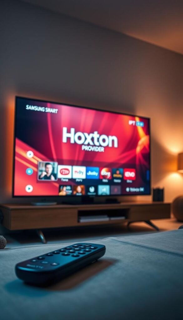 A sleek Samsung smart TV displaying a vibrant IPTV streaming interface, showcasing the Hoxtoon Provider brand prominently. The screen is bathed in a warm, cinematic lighting, casting a soft glow across the living room setting. In the foreground, a modern, minimalist remote control lies within easy reach, highlighting the seamless user experience. The background features a cozy, modern living space with clean lines and subtle decor, creating an inviting atmosphere for an immersive IPTV viewing experience.