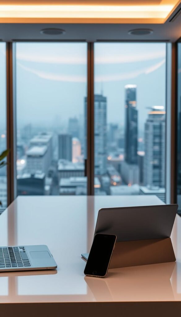 A sleek and contemporary office setting, with multiple electronic devices displayed prominently on a modern, minimalist desk. A laptop, tablet, and smartphone are arranged neatly, symbolizing the seamless cross-device compatibility of the Hoxtoon Provider service. Warm, indirect lighting casts a soft glow, accentuating the clean lines and premium aesthetic of the devices. In the background, a large window provides a scenic view of a vibrant cityscape, hinting at the global reach and versatility of the Hoxtoon Provider platform. The overall atmosphere conveys a sense of professionalism, efficiency, and the future-facing technology that Hoxtoon Provider offers.