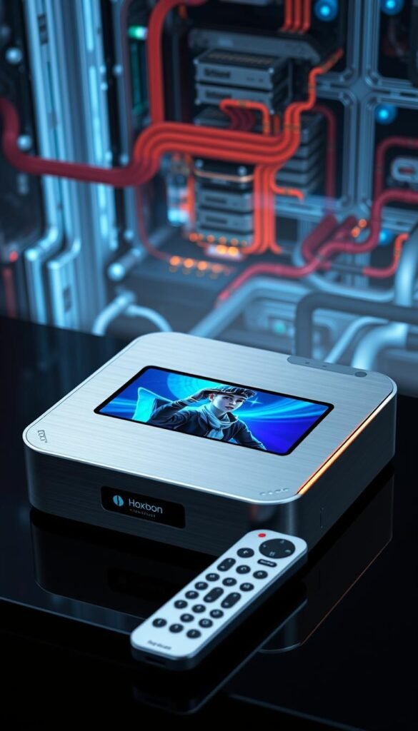A sleek and futuristic Hoxtoon Provider mag box features a sophisticated user interface with a minimalist design. The device is encased in a brushed aluminum housing, giving it a premium, high-tech aesthetic. The front panel displays a vibrant, high-resolution OLED screen showcasing the current media playback, while the sides are adorned with subtle LED indicators. The remote control complements the box's aesthetic, with tactile buttons and a clean, ergonomic layout. In the background, a complex array of advanced networking hardware and processing components power the box's seamless streaming capabilities, ensuring an immersive Hoxtoon viewing experience.