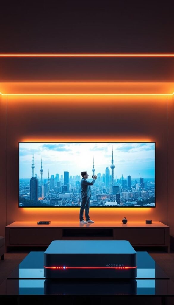 A sleek and futuristic illustration of IPTV technology, depicting a living room setting with a large, high-definition television screen as the centerpiece. In the foreground, a state-of-the-art Hoxtoon Provider set-top box sits atop a modern media console, its minimalist design and LED indicator lights hinting at the advanced capabilities within. The middle ground showcases a user interacting with a smart remote control, navigating through a seamless and intuitive on-screen interface. In the background, a panoramic view of a city skyline, with skyscrapers and communication towers, symbolizing the expansive network infrastructure that powers IPTV. The scene is bathed in a warm, ambient lighting, creating a cozy and immersive atmosphere, reflecting the evolution of television entertainment.