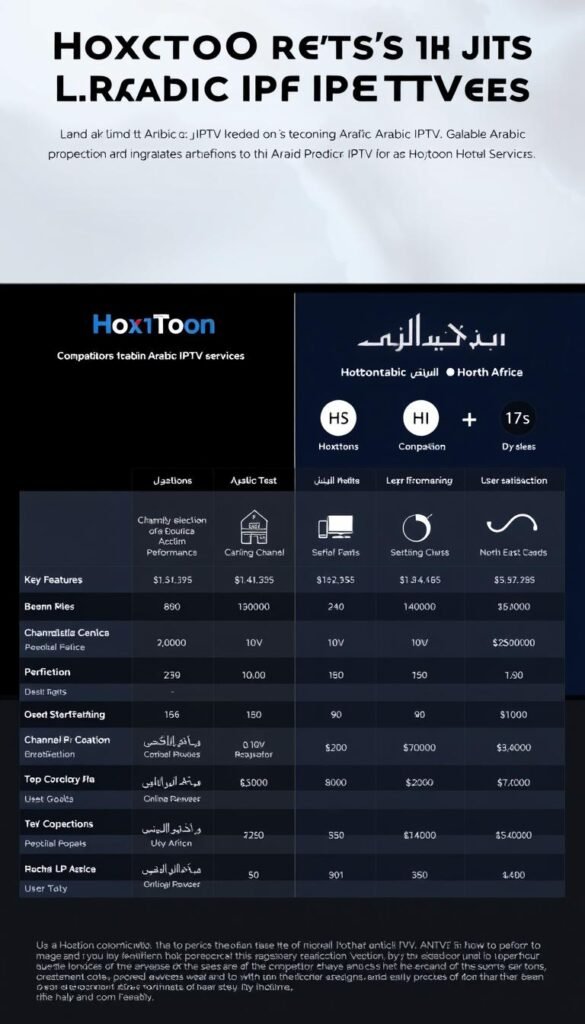 A sleek and informative comparison of leading Arabic IPTV services, showcasing the superiority of the Hoxtoon Provider. In the foreground, a grid-like display highlights key features and pricing details of Hoxtoon alongside its competitors, allowing for easy side-by-side evaluation. The middle ground features elegant icons and graphs illustrating performance metrics, channel selection, and user satisfaction. In the background, a subtle map of the Middle East or North Africa provides geographic context, with soft lighting and a muted color palette conveying a sense of professionalism and authority. The overall composition should feel visually balanced, clean, and designed to effectively communicate the key points of the IPTV service comparison.