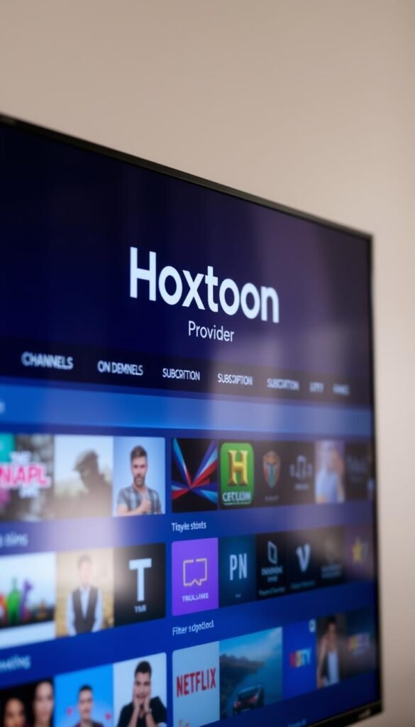 A sleek and intuitive IPTV subscription interface, featuring the Hoxtoon Provider logo prominently displayed. The screen is dominated by a clean, modern design with clear navigation options for accessing live TV channels, on-demand content, and subscription management. In the foreground, a grid layout showcases a variety of channel thumbnails, while the middle ground includes options for filtering and searching. The background is softly blurred, creating a sense of depth and focus on the key elements. Subtle lighting effects and a calming color palette contribute to an overall polished and user-friendly aesthetic, inviting the viewer to explore the extensive Hoxtoon IPTV library.