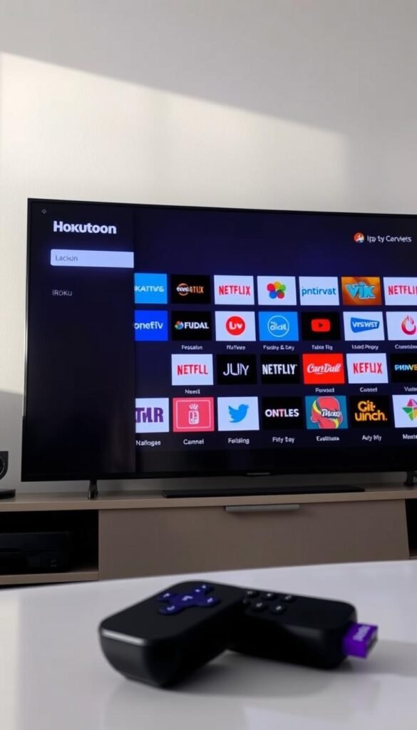 A sleek and intuitive Roku TV interface showcasing the diverse array of IPTV channels from the Hoxtoon Provider. The screen is neatly organized, with crisp icons and clear category labels, allowing for effortless navigation. The lighting is soft and natural, highlighting the vibrant colors and sharp details of the channel logos. The angle is slightly elevated, giving a comprehensive view of the user-friendly layout. An inviting atmosphere of modern simplicity and accessibility permeates the scene, perfectly capturing the essence of the "User Interface and Navigation Experience" for Hoxtoon's IPTV service on Roku.
