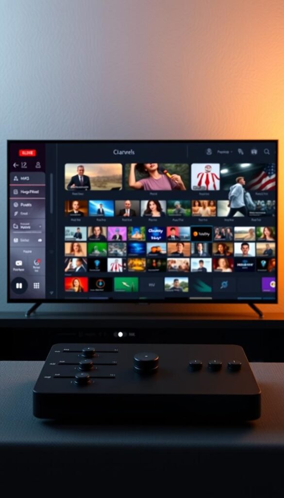 A sleek and intuitive user interface for the Hoxtoon Provider 4K IPTV encoder, showcasing a clean layout with a crisp 4K resolution. The foreground features a central control panel with intuitive sliders and buttons for adjusting video and audio settings, while the middle ground displays a comprehensive channel guide with a visually appealing grid layout. The background blends a soft, muted color palette with subtle texture, creating a professional and modern aesthetic. Subtle lighting casts a warm glow, highlighting the dynamic visuals and enhancing the overall user experience. The image conveys a sense of seamless navigation and control, reflecting the power and versatility of the Hoxtoon Provider 4K IPTV encoder.