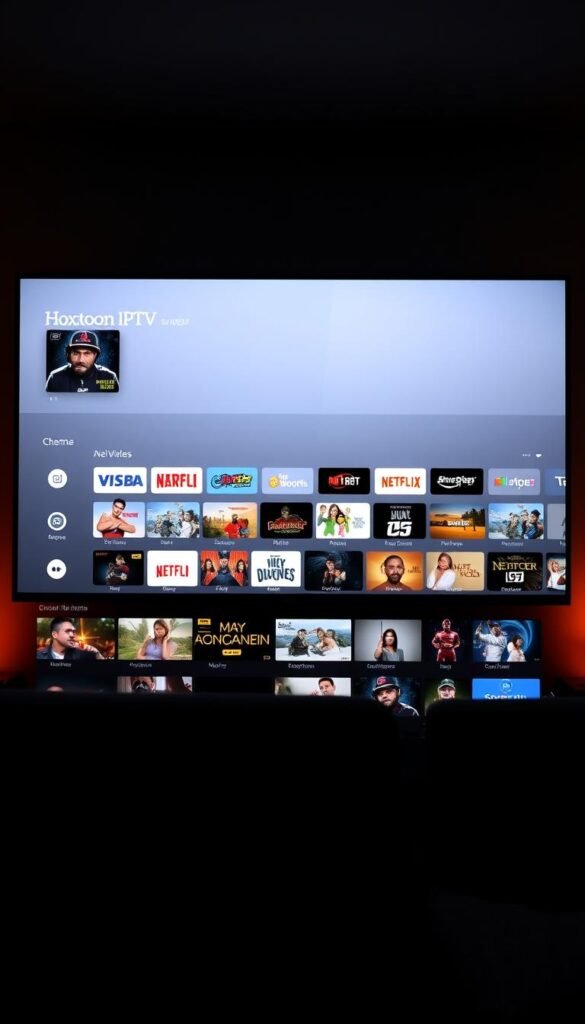 A sleek and intuitive user interface for the Hoxtoon Provider IPTV service. The home screen features a clean grid layout showcasing the vast library of over 21,000 live TV channels and 150,000+ on-demand videos. Navigating is smooth and responsive, with intuitive menus and search functions. The interface is designed for an immersive, cinematic viewing experience, with a subtle, neutral color palette and minimalist iconography. Soft, diffused lighting creates a warm, inviting atmosphere. The interface is optimized for a range of devices, from large-screen smart TVs to mobile phones, ensuring a consistent and enjoyable experience across platforms.