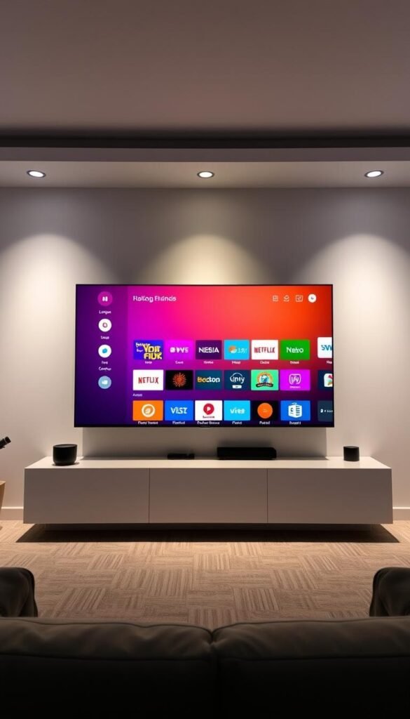 A sleek and intuitive user interface for the Hoxtoon Provider IPTV service. The screen displays a clean, minimalist design with a grid of colorful channel icons arranged neatly across the foreground. The background features a subtle gradient effect, creating a sense of depth and sophistication. The layout is optimized for easy navigation, with intuitive menu options and clear categorization of content. Soft, indirect lighting illuminates the scene, giving it a warm, inviting atmosphere. The overall impression is one of a modern, user-friendly platform that prioritizes a seamless viewing experience.