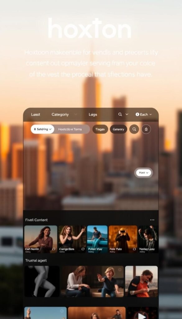 A sleek and intuitive user interface of the Hoxtoon Provider streaming platform. In the foreground, a clean and modern home screen layout with large thumbnails showcasing the latest content. The middle ground features a top navigation bar with clear category labels and a sophisticated search function. In the background, a blurred city skyline with a warm, golden-hour lighting, creating a cozy and inviting atmosphere. The overall design is minimalist yet visually striking, prioritizing ease of use and content discovery for the Hoxtoon viewer.