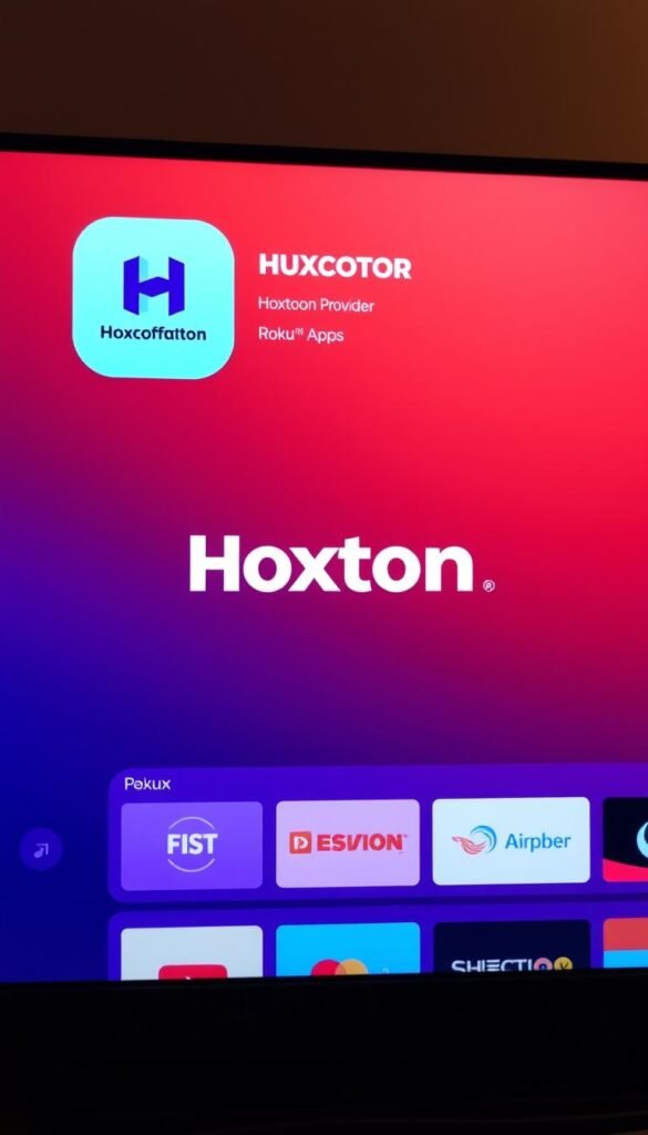 A sleek and minimalist Roku TV interface, with a prominent Hoxtoon Provider app icon prominently displayed on the home screen. The app's interface is clean and intuitive, with crisp graphics and a modern, streamlined design. The TV screen is illuminated by warm, soft lighting, creating a cozy and inviting atmosphere. The overall composition emphasizes the simplicity and user-friendliness of the Hoxtoon Provider IPTV app, highlighting its seamless integration with the Roku TV platform.