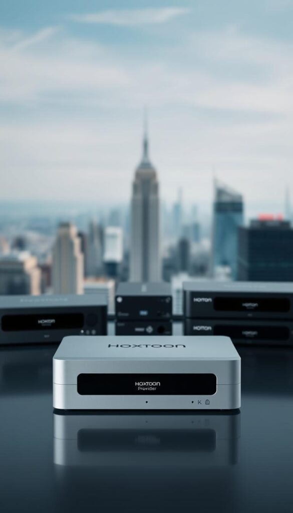 A sleek and modern 4K IPTV encoder comparison showcasing the Hoxtoon Provider in the foreground, surrounded by competing services in the middle ground. The Hoxtoon encoder is depicted with a clean, minimal design and prominent branding, while the other encoders are shown in a more subdued manner. The background features a soft, blurred cityscape, evoking a professional, technical atmosphere. The lighting is even and directional, highlighting the details of the encoders. The overall composition is balanced and visually appealing, inviting the viewer to compare the capabilities and features of the Hoxtoon Provider against its competitors.