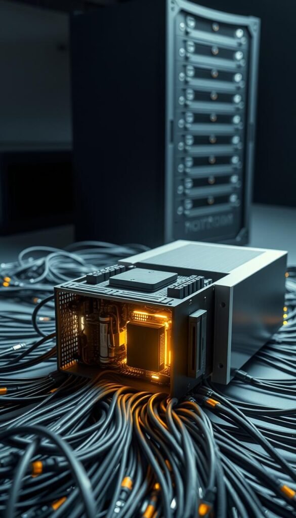 A sleek and modern 4K IPTV encoder system, the Hoxtoon Provider showcases cutting-edge technology in a minimalist, industrial design. In the foreground, a central processing unit glows with internal circuitry, its heat sinks and fans meticulously engineered for optimal performance. Surrounding it, a maze of wires and connectors converge, creating a visually captivating tapestry of data transmission. In the middle ground, the encoder's chassis is rendered in muted tones of gray and silver, its angular form suggesting advanced engineering. In the background, a dimly lit server rack towers, its stacked modules hinting at the vast computing power powering the Hoxtoon's content delivery. The scene is bathed in a cool, technical light, with highlights accentuating the precision and sophistication of this 4K IPTV encoding solution.