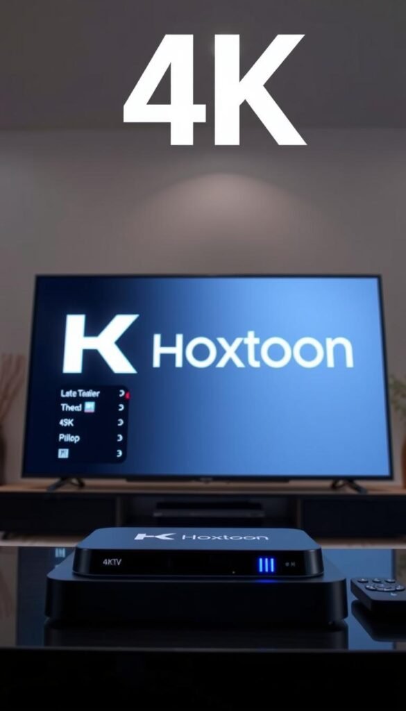 A sleek and modern 4K IPTV streaming setup with the Hoxtoon Provider logo prominently displayed. The foreground shows a high-end streaming device, perhaps a smart TV or a dedicated media player, showcasing its crisp 4K video output. The middle ground features a clean and minimalist user interface, highlighting the Hoxtoon Provider brand and intuitive navigation. The background depicts a minimalist, well-lit room, suggesting a cozy and immersive home entertainment experience. The overall composition conveys a sense of technological sophistication and the promise of a seamless 4K streaming experience.