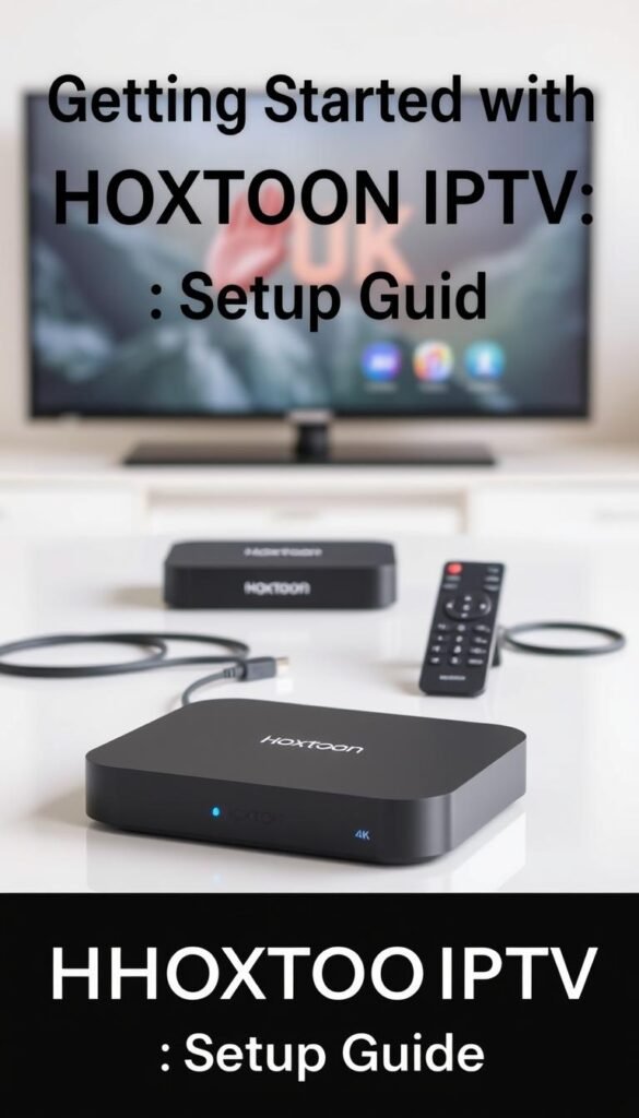 A sleek and modern 4K streaming device arrangement, showcasing the Hoxtoon Provider brand. In the foreground, various streaming devices, such as a compact set-top box, a slim and minimalist remote control, and an unobtrusive HDMI cable, are neatly arranged on a clean, light-colored surface. The middle ground features a blurred, out-of-focus background, creating a sense of depth and focus on the devices. The lighting is soft and diffused, highlighting the smooth, glossy textures of the equipment. The overall scene conveys a sense of simplicity, efficiency, and high-quality 4K streaming capabilities, perfectly suited for the "Getting Started with HOXTOON IPTV: Setup Guide" section.