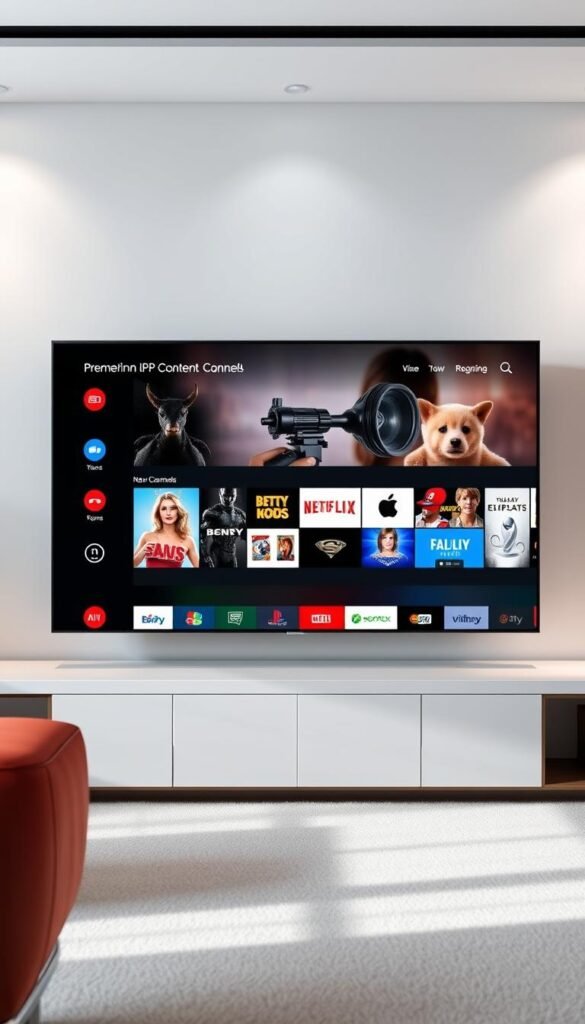 A sleek and modern EPG (Electronic Program Guide) interface with a clean, minimalist design. In the foreground, a large, high-definition television screen displays a curated selection of premium IPTV content from the Hoxtoon Provider, showcasing the depth and variety of the service. The middle ground features a responsive, intuitive navigation menu with sharp, well-organized icons and categories, allowing users to effortlessly explore and discover new shows, movies, and live channels. The background maintains a subtle, neutral tone, emphasizing the focus on the content and the EPG's user-friendly layout. Soft, directional lighting accentuates the premium, high-quality aesthetic, creating a sense of sophistication and immersion.