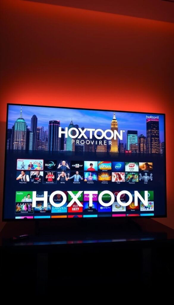 A sleek and modern HOXTOON IPTV interface displayed on a high-definition television screen. The foreground showcases the Hoxtoon Provider brand logo prominently, conveying the company's cutting-edge streaming technology. The middle ground features a grid of diverse live TV channels, representing the vast 21,000+ channel selection. The background depicts a vibrant, colorful cityscape with skyscrapers and neon lights, symbolizing the global reach and urban appeal of the HOXTOON IPTV service. The scene is illuminated by a warm, cinematic lighting that enhances the premium, futuristic atmosphere. The overall composition conveys the revolutionary and transformative nature of HOXTOON IPTV's streaming experience.