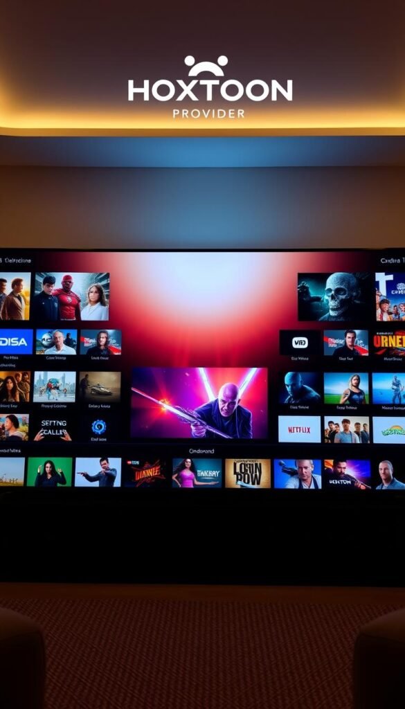 A sleek and modern HOXTOON IPTV user interface, showcasing a clean grid layout with vibrant thumbnails of live TV channels and on-demand content. The interface is bathed in a warm, soft lighting, creating a cozy and inviting atmosphere. The Hoxtoon Provider logo is prominently displayed at the top, conveying the brand's identity. The user experience is intuitive, with clear categorization and easy navigation, allowing viewers to quickly find their desired content. The middle ground features a visually striking hero section, highlighting the breadth of entertainment options available. In the background, a subtle gradient backdrop complements the overall aesthetic, creating a polished and cohesive visual experience.