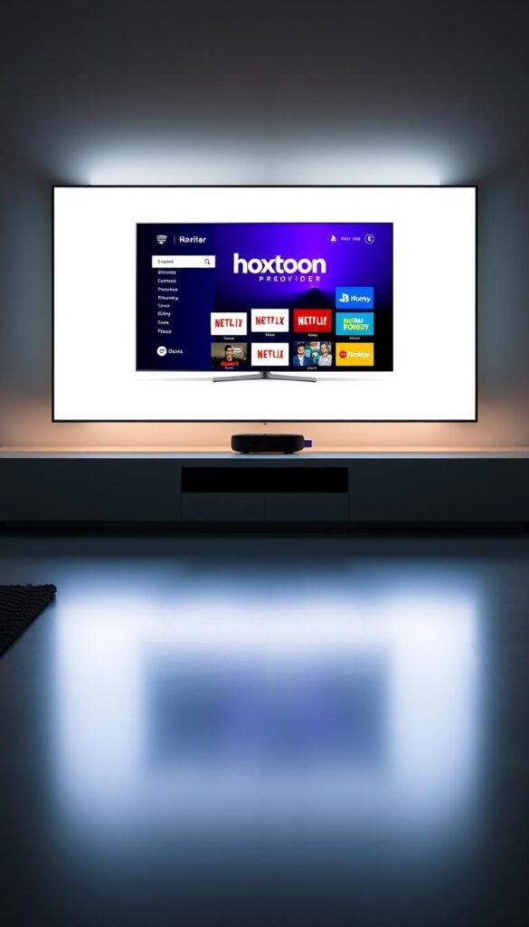 A sleek and modern IPTV app for Roku TV, showcasing the Hoxtoon Provider branding prominently. The app interface features a clean and intuitive layout, with large thumbnails and clear categorization of live TV channels, on-demand content, and premium features. The app is displayed on a Roku TV screen, set against a minimalist background with soft lighting, highlighting the app's elegant design and seamless integration with the Roku platform. The overall mood conveys a premium, user-friendly experience for streaming high-quality IPTV content on the big screen.