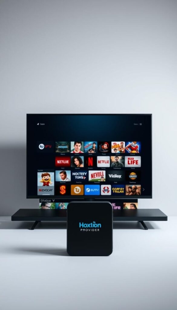 A sleek and modern IPTV app interface, designed with a premium user experience in mind. In the foreground, the Hoxtoon Provider logo stands out prominently, exuding a sense of quality and reliability. The middle ground showcases a grid of high-definition channel icons, each offering a diverse range of entertainment options. The background features a subtle gradient, creating a sense of depth and sophistication. Soft lighting illuminates the scene, giving it a professional and polished appearance. The overall composition conveys the idea of an IPTV service that delivers exceptional value, making it a worthwhile investment for discerning users.