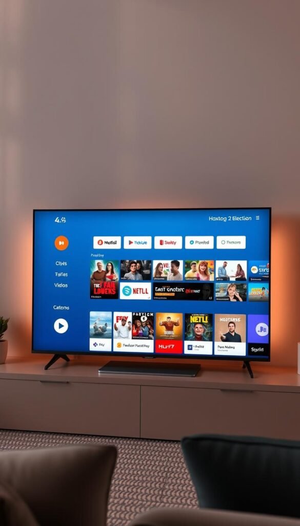 A sleek and modern IPTV app interface for a smart TV, featuring the "Hoxtoon Provider" brand. The app's home screen showcases a clean, minimalist design with large, vibrant thumbnails highlighting the vast selection of live TV channels and on-demand video content. The user navigates the app using a simple, intuitive menu system with clear categories and filters, allowing them to easily browse and discover new content. Soft, warm lighting illuminates the screen, creating a cozy and inviting atmosphere. The overall user experience conveys a sense of high-quality, cutting-edge entertainment at the user's fingertips.