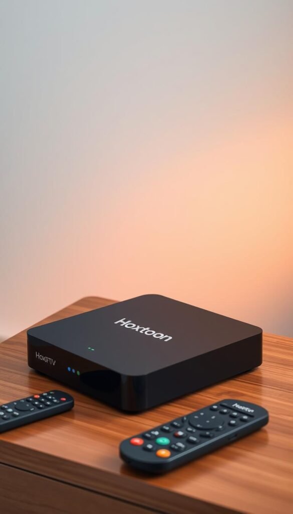 A sleek and modern IPTV box rests on a minimalist wooden surface, its smooth black exterior gleaming under the soft, warm lighting. The front panel features the "Hoxtoon Provider" logo, highlighting the premium nature of the device. The box is surrounded by a few scattered remote controls, each with a distinct design, suggesting compatibility with various smart home devices. In the background, a simple, uncluttered wall provides a clean and sophisticated backdrop, allowing the IPTV box to take center stage. The overall scene conveys a sense of simplicity, functionality, and the promise of an enhanced home entertainment experience.