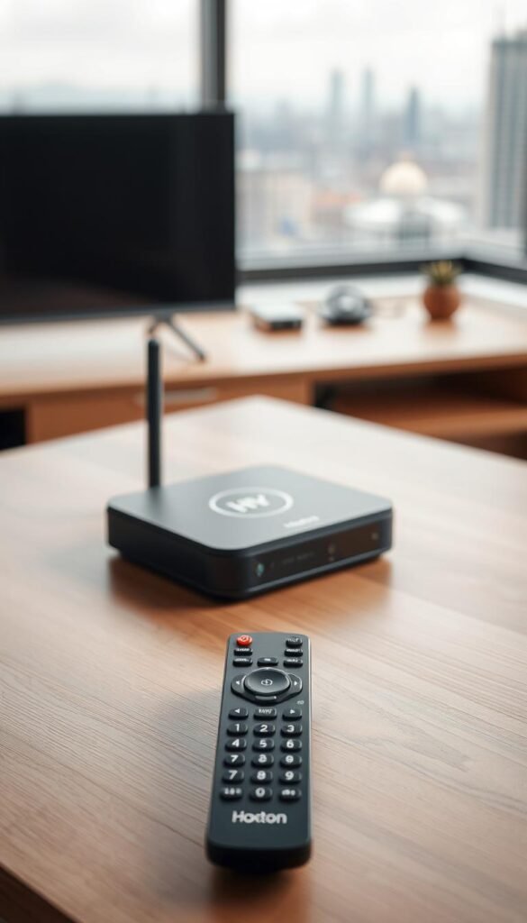A sleek and modern IPTV box sitting atop a minimalist wooden table, its clean lines and matte black finish conveying a sense of sophisticated technology. The box is surrounded by a soft, diffused lighting that creates a warm, inviting atmosphere. In the foreground, a remote control with the Hoxtoon Provider logo is positioned, hinting at the seamless user experience. The background features a blurred cityscape, suggesting the global reach and accessibility of the IPTV service. The overall composition exudes a sense of quality, reliability, and the effortless integration of the IPTV box into a contemporary smart home setup.