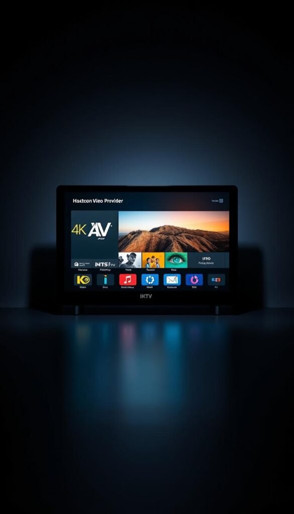 A sleek and modern IPTV device displaying a 4K resolution video interface, with the Hoxtoon Provider logo prominently featured. The device is set against a minimalist, dark background, casting a soft glow and creating a sense of high-tech sophistication. The screen shows a vibrant, crystal-clear image, highlighting the premium quality of the IPTV service. Subtle lighting effects and camera angles emphasize the device's premium design and the exceptional viewing experience it provides.