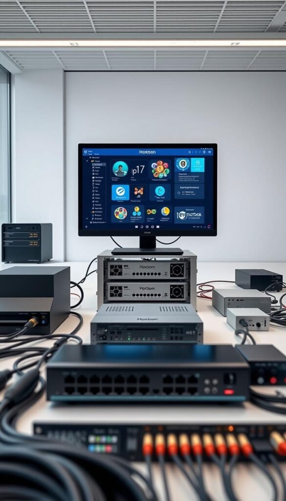 A sleek and modern IPTV encoder setup process, showcasing the Hoxtoon Provider interface. In the foreground, a high-end desktop computer displays the Hoxtoon software, with clean and intuitive controls. The middle ground features neatly organized cables, routers, and networking equipment, all arranged in a minimalist, professional manner. The background depicts a well-lit, minimalist office space with large windows, creating a sense of openness and efficiency. The overall scene conveys a seamless, user-friendly IPTV encoding experience with the Hoxtoon Provider system.