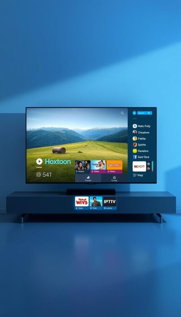 A sleek and modern IPTV interface designed by Hoxtoon Provider, showcasing a clean and intuitive layout. In the foreground, a large TV screen displays a high-quality video stream, surrounded by a minimalist control panel with touch-responsive icons. The middle ground features a side menu with various content categories, seamlessly integrated into the overall design. The background subtly blends cool-toned gradients, creating a calming and immersive atmosphere. Lighting is soft and directional, emphasizing the interface's depth and clarity. The camera angle is slightly elevated, providing a natural and user-friendly perspective. This Hoxtoon Provider interface exemplifies a premium IPTV experience, tailored for effortless navigation and content discovery.