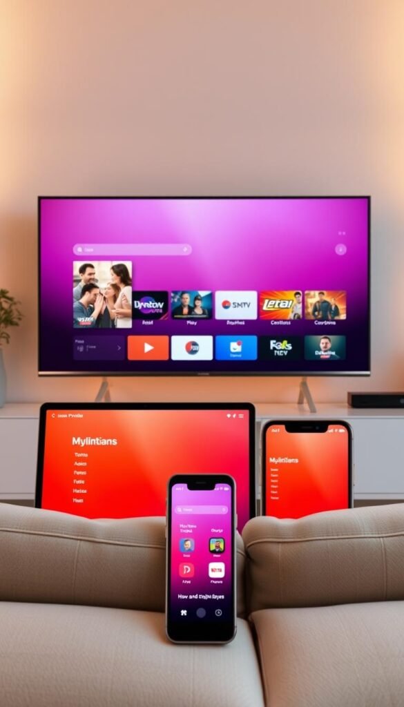 A sleek and modern IPTV interface displayed on a variety of interconnected devices, including a smart TV, tablet, and smartphone. The devices are arranged in a seamless, harmonious composition, showcasing the multi-device compatibility of the Hoxtoon Provider IPTV service. The scene is bathed in a warm, inviting light, with clean, minimalist design elements that emphasize the user-friendly and intuitive nature of the platform. The overall atmosphere conveys a sense of convenience, connectivity, and a premium entertainment experience.
