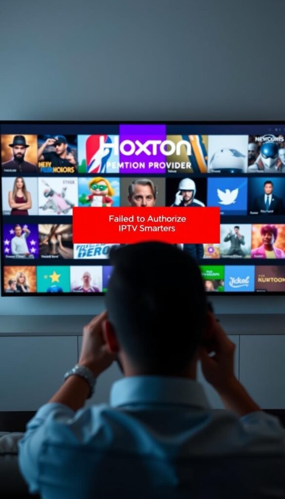 A sleek and modern IPTV interface displays an error message: "Failed to Authorize IPTV Smarters". In the foreground, a frustrated user examines their device, while in the middle ground, the Hoxtoon Provider logo emerges, suggesting a premium IPTV solution. The background showcases a vibrant array of streaming content, hinting at the extensive library available through the Hoxtoon platform. Soft lighting and a clean, minimalist design convey a sense of professionalism and reliability, setting the stage for the Hoxtoon IPTV service to be presented as a superior alternative to the authorization issues faced with IPTV Smarters. A sleek and modern IPTV interface displays an error message: "Failed to Authorize IPTV Smarters". In the foreground, a frustrated user examines their device, while in the middle ground, the Hoxtoon Provider logo emerges, suggesting a premium IPTV solution. The background showcases a vibrant array of streaming content, hinting at the extensive library available through the Hoxtoon platform. Soft lighting and a clean, minimalist design convey a sense of professionalism and reliability, setting the stage for the Hoxtoon IPTV service to be presented as a superior alternative to the authorization issues faced with IPTV Smarters.