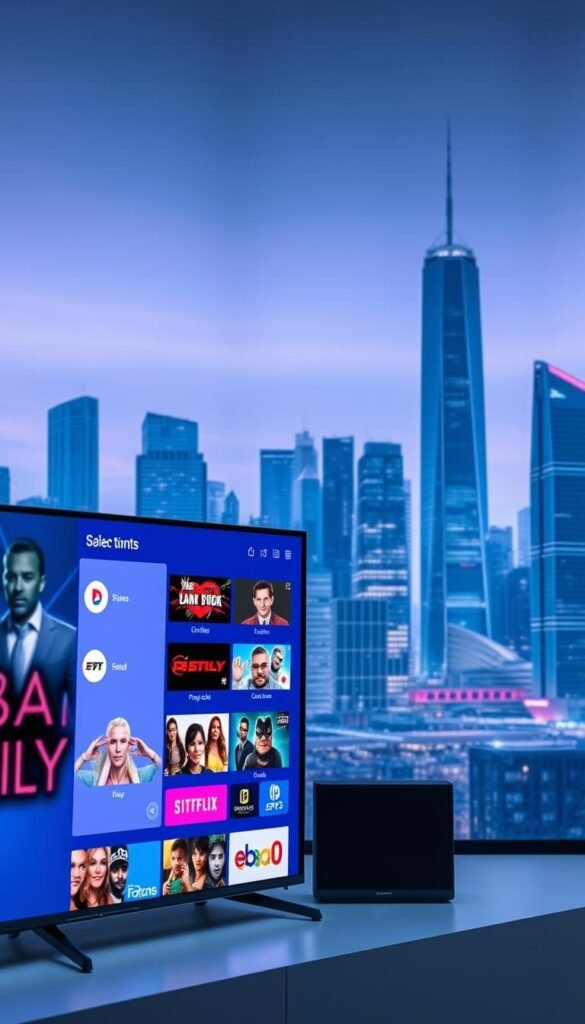A sleek and modern IPTV interface showcasing the Hoxtoon Provider brand, with a clean and intuitive layout. In the foreground, a high-resolution display shows various streaming content options, while the background features a subtle, futuristic cityscape with towering skyscrapers and a vibrant, neon-lit skyline. The lighting is crisp and evenly distributed, creating a sense of depth and balance. The overall atmosphere conveys a sense of technological sophistication and premium quality, reflecting the Hoxtoon Provider's status as a leading IPTV service in the USA.