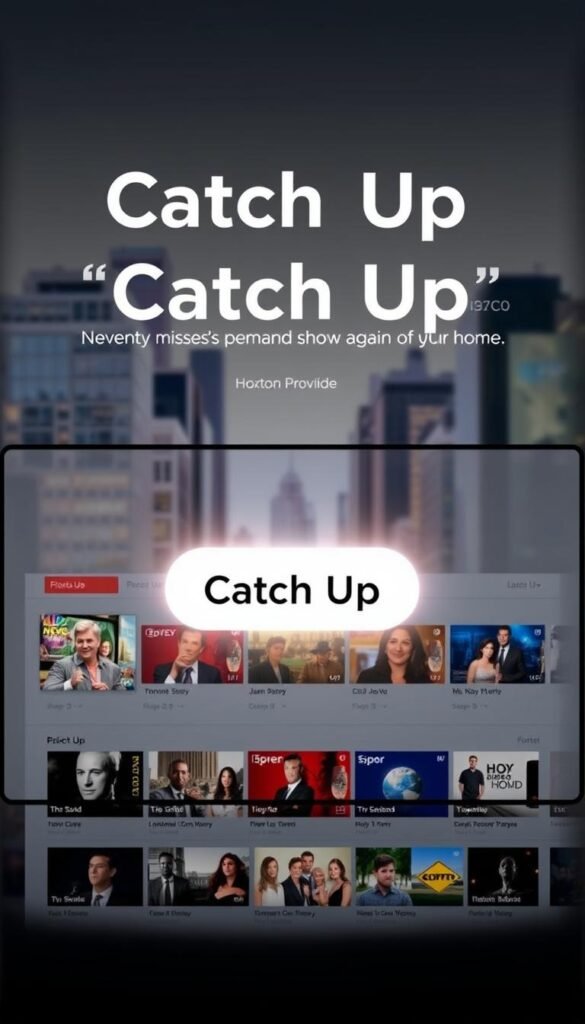 A sleek and modern IPTV interface showcasing the advanced Catch Up feature of the Hoxtoon Provider. In the foreground, a clean and intuitive dashboard displays a selection of recently aired shows, with large thumbnails and episode titles. The middle ground features a prominent "Catch Up" button, glowing with a soft, alluring light, inviting the user to explore missed content. In the background, a blurred cityscape sets the scene, hinting at the convenience of on-demand streaming from the comfort of one's home. The overall mood is one of effortless sophistication and the promise of never missing a favorite show again, thanks to Hoxtoon Provider's cutting-edge Catch Up functionality.