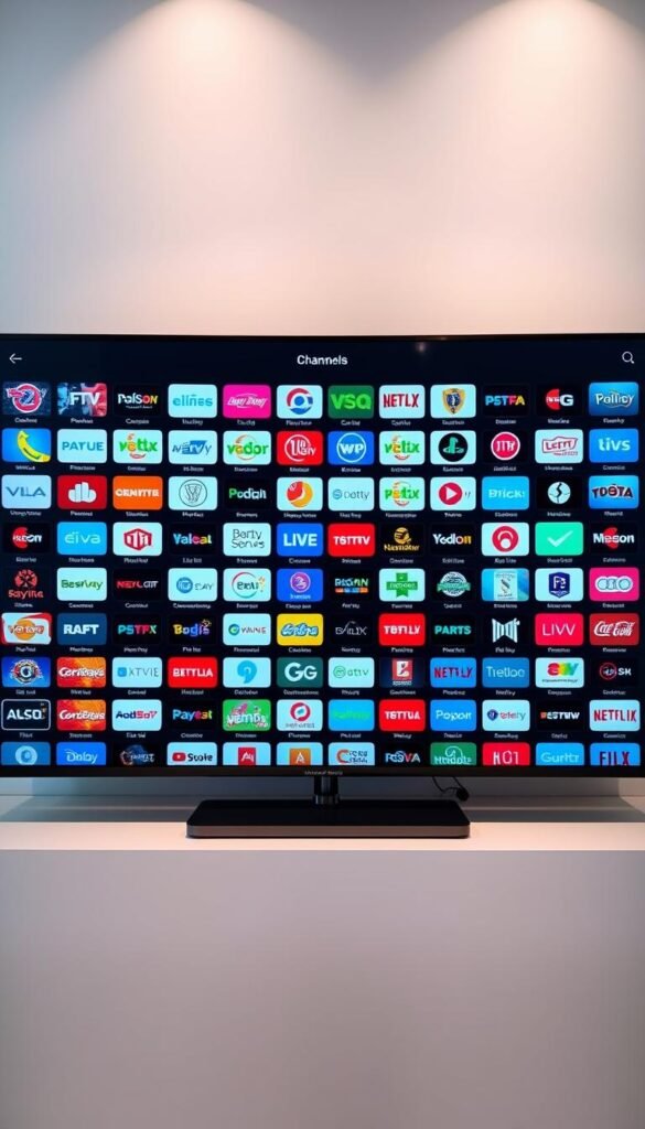 A sleek and modern IPTV interface with a vast channel selection, showcasing the impressive breadth of the Hoxtoon Provider's offering. The screen displays a grid of channel logos and thumbnails, meticulously arranged to highlight the sheer number of options available. Soft, directional lighting illuminates the display, creating a sense of depth and clarity. The overall composition emphasizes the user-friendly and visually appealing nature of the IPTV service, inviting the viewer to explore the extensive channel lineup. The Hoxtoon Provider branding is subtly integrated into the design, reinforcing the quality and reliability of the platform.