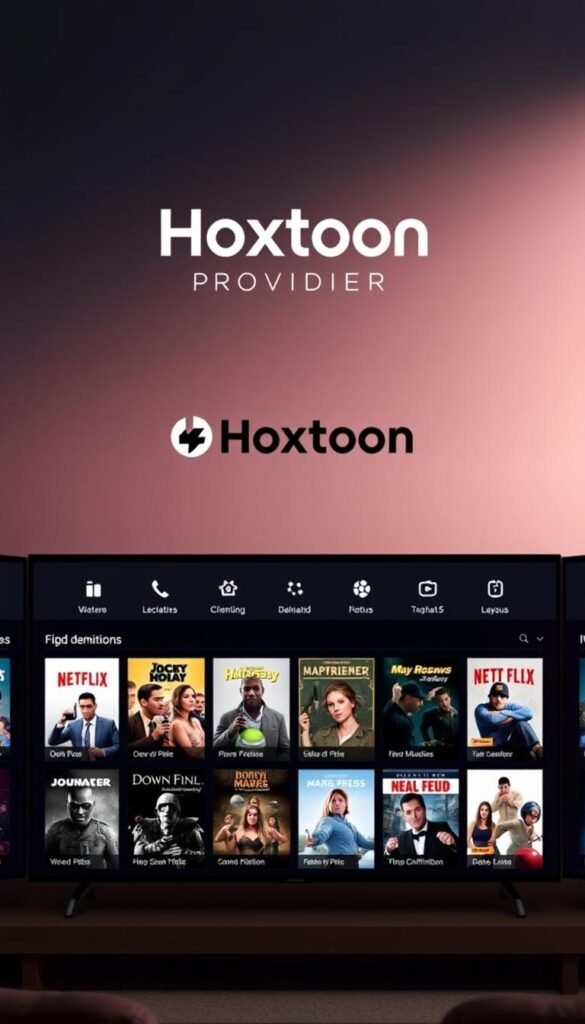 A sleek and modern IPTV package interface, showcasing the Hoxtoon Provider logo prominently. In the foreground, a grid of various on-demand video titles and genres, with a focus on high-definition content. The middle ground features a clean and intuitive navigation menu, allowing users to easily browse and select from a vast library of over 150,000 VODs. The background depicts a subtle, yet visually striking gradient, creating a sense of depth and sophistication. The overall composition exudes a premium, cinematic feel, capturing the essence of a premium IPTV streaming experience.