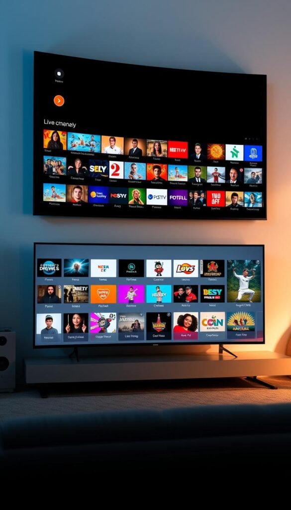 A sleek and modern IPTV platform, Hoxtoon Provider offers a vast content library with live TV channels displayed on a stylish user interface. In the foreground, a large curved display showcases a selection of the available channels, each with their own colorful and vivid thumbnails. The middle ground features a grid of additional channel options, with a smooth and minimalist design. In the background, a soft and atmospheric gradient sets the tone, creating a sense of depth and sophistication. The lighting is subtle and natural, highlighting the high-quality visuals and attention to detail. The overall scene conveys the depth and breadth of Hoxtoon Provider's extensive media offerings, inviting the viewer to explore its impressive content library.