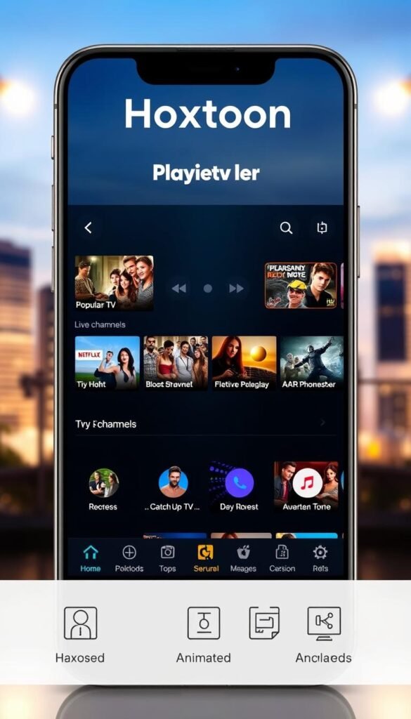 A sleek and modern IPTV player app interface, featuring the Hoxtoon Provider logo prominently displayed. The app showcases a clean and intuitive design, with large thumbnails for popular live TV channels and on-demand content. The interface is bathed in a warm, soft lighting, giving it a premium and inviting feel. In the foreground, the app's advanced features are highlighted, including a robust catch-up TV function and seamless integration with the user's Hoxtoon account. The middle ground depicts the app's smooth navigation, with animated icons and responsive touch controls. The background showcases a blurred cityscape, hinting at the app's ability to provide a wide range of local and international content.