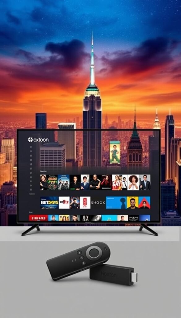 A sleek and modern IPTV player interface for Amazon Firestick, designed with a clean, minimalist aesthetic. The player's screen fills the foreground, showcasing a vast collection of on-demand movies and TV shows. In the background, a vibrant cityscape with towering skyscrapers and a vibrant night sky set the scene, hinting at the expansive entertainment library available through the Hoxtoon Provider service. The overall composition conveys a sense of accessibility, high-quality content, and the convenience of streaming on a Firestick device.