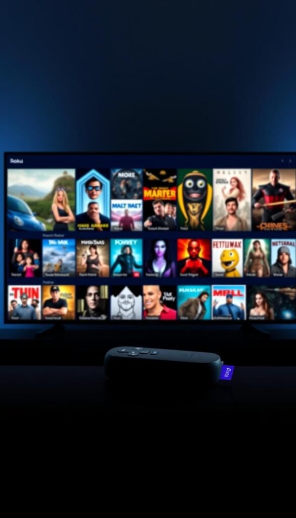 A sleek and modern IPTV player interface for Roku TV, showcasing the Hoxtoon Provider's massive content library of over 150,000 on-demand videos. The player's clean design features a grid of high-quality movie and TV show thumbnails, inviting the user to effortlessly browse through the vast selection. Subtle lighting illuminates the Roku device, creating a warm and cinematic atmosphere. The player's intuitive layout and seamless navigation emphasize the convenience and accessibility of the Hoxtoon Provider's content, ready to be enjoyed on the big screen.