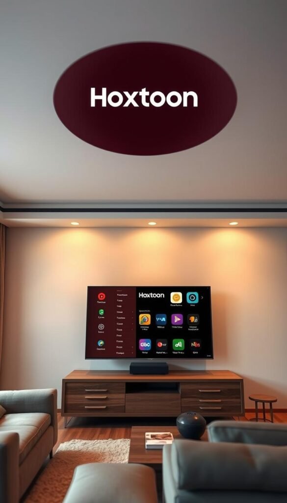A sleek and modern IPTV player interface for a Samsung smart TV, displayed on a large flatscreen in a minimalist living room setting. The player showcases the Hoxtoon Provider brand prominently, with a clean and intuitive menu system. Warm, ambient lighting creates a cozy atmosphere, while the TV is positioned on a sturdy, wooden entertainment unit. The room is decorated with earthy tones and natural textures, reflecting a comfortable and sophisticated home environment. The camera angle provides a slightly elevated, immersive perspective, highlighting the visual appeal of the IPTV player experience on the Samsung display.