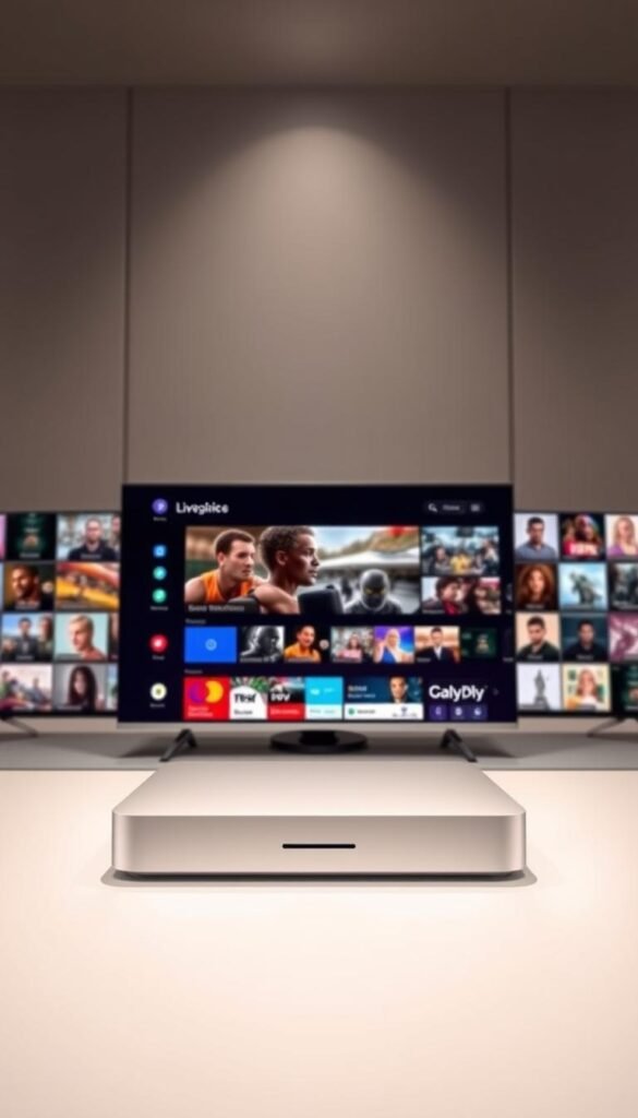 A sleek and modern IPTV player interface, showcasing TiviMate's premium features. In the foreground, a streamlined, minimalist design with clean lines and intuitive menu options. The middle ground highlights a seamless live TV experience, with sharp and vibrant video playback. In the background, a dynamic grid of thumbnails representing a vast library of on-demand content, hinting at the endless entertainment possibilities. Lighting is soft and diffused, creating a warm, inviting atmosphere. The overall scene conveys a sense of power, flexibility, and user-centric design that defines the Hoxtoon Provider TiviMate IPTV player.