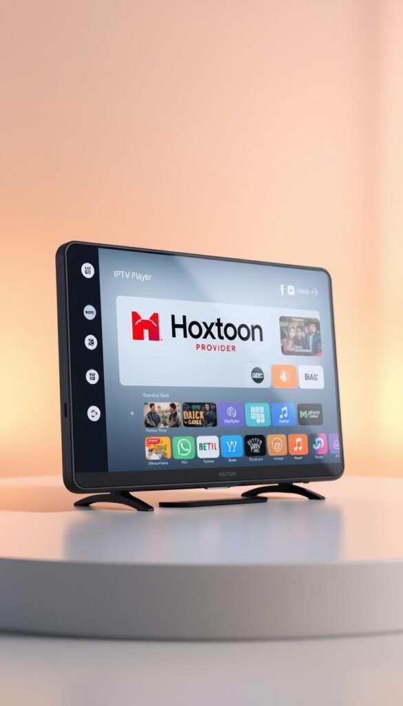A sleek and modern IPTV player interface with the Hoxtoon Provider logo prominently displayed. The player's dashboard showcases a clean layout with intuitive controls, allowing the user to easily navigate through various channels and on-demand content. The background features a soft, muted color palette that sets a calming and immersive atmosphere, perfect for an optimal viewing experience. Subtle lighting casts a warm glow, enhancing the overall aesthetic. The player is presented in a high-resolution, 3D-rendered view, captured at an angle that highlights its user-friendly design and seamless integration with the Hoxtoon ecosystem.
