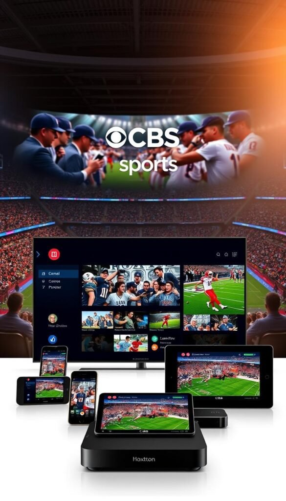 A sleek and modern IPTV provider interface showcasing the CBS Sports channel. In the foreground, a clean and intuitive dashboard with vivid high-definition sports coverage. The middle ground features a array of streaming devices, including smartphones, tablets, and smart TVs, all seamlessly connected to the "Hoxtoon Provider" service. The background showcases a dynamic sports arena, with spectators and athletes in motion, conveying the energy and excitement of live sports broadcasting. The lighting is warm and natural, creating a sense of immersion and clarity. The overall composition emphasizes the multi-device capabilities and premium content delivery of the Hoxtoon IPTV provider.