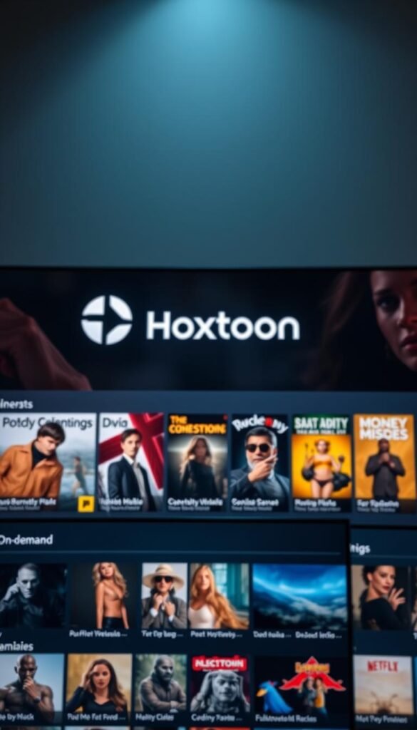 A sleek and modern IPTV service interface, featuring the Hoxtoon Provider brand prominently displayed. The foreground showcases a range of on-demand entertainment options, with high-quality thumbnails and intuitive navigation. The middle ground highlights a selection of popular movies and TV shows, while the background conveys a sense of cinematic ambiance with soft lighting and a subtle film grain effect. The overall composition suggests a seamless, immersive experience of on-demand entertainment at the user's fingertips.