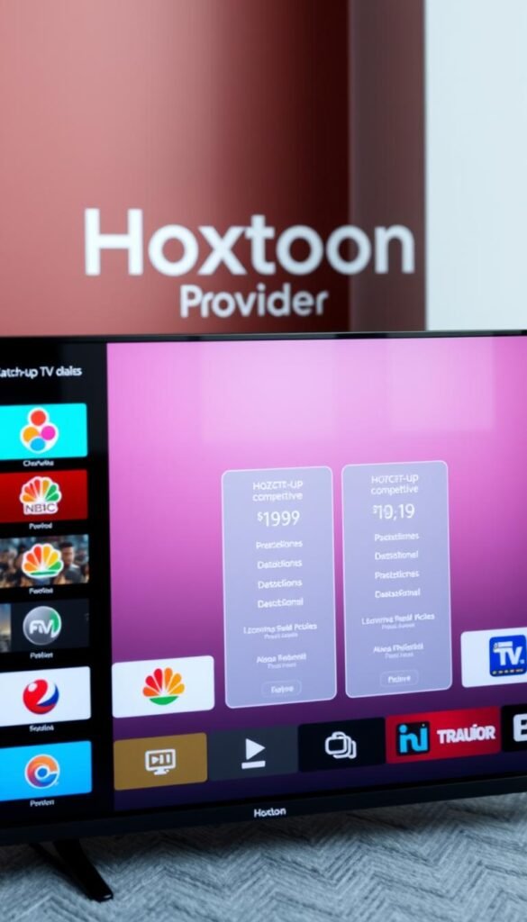 A sleek and modern IPTV service interface, prominently displaying the "Hoxtoon Provider" brand. In the foreground, a grid of colorful catch-up TV channel logos, each with a clear and intuitive playback control. The middle ground features a minimalist pricing table, highlighting Hoxtoon's competitive plans in a clean, visually-appealing layout. The background showcases a subtle, gradient-based color scheme, creating a sophisticated and premium atmosphere. Crisp lighting and a shallow depth of field focus the viewer's attention on the key elements. The overall composition conveys a sense of professionalism, accessibility, and value-for-money in Hoxtoon's IPTV catch-up service.
