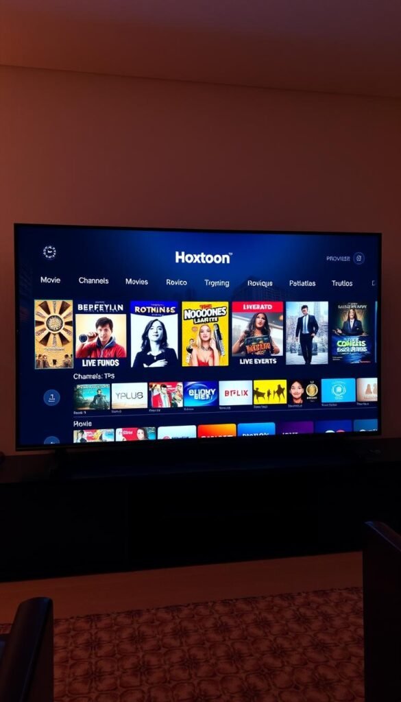 A sleek and modern IPTV service interface showcasing the premium Latino entertainment options, with a prominent "Hoxtoon Provider" logo. The screen displays a diverse array of channels, movies, and live events catering to the vibrant Latino community. Soft, warm lighting illuminates the interface, creating a welcoming and immersive atmosphere. The layout is clean and intuitive, making navigation a seamless experience. In the background, a vibrant cityscape featuring Latin American architectural elements sets the scene, hinting at the cultural richness of the IPTV service.