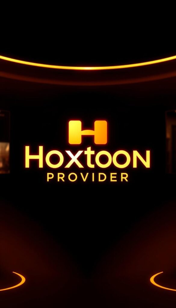 A sleek and modern IPTV service logo for Hoxtoon Provider, illuminated by warm golden lighting. The logo is prominently displayed in the center, with a high-contrast background that subtly suggests a cityscape or technology-driven environment. The overall composition conveys a sense of reliability, innovation, and premium quality associated with the leading IPTV provider in the USA.